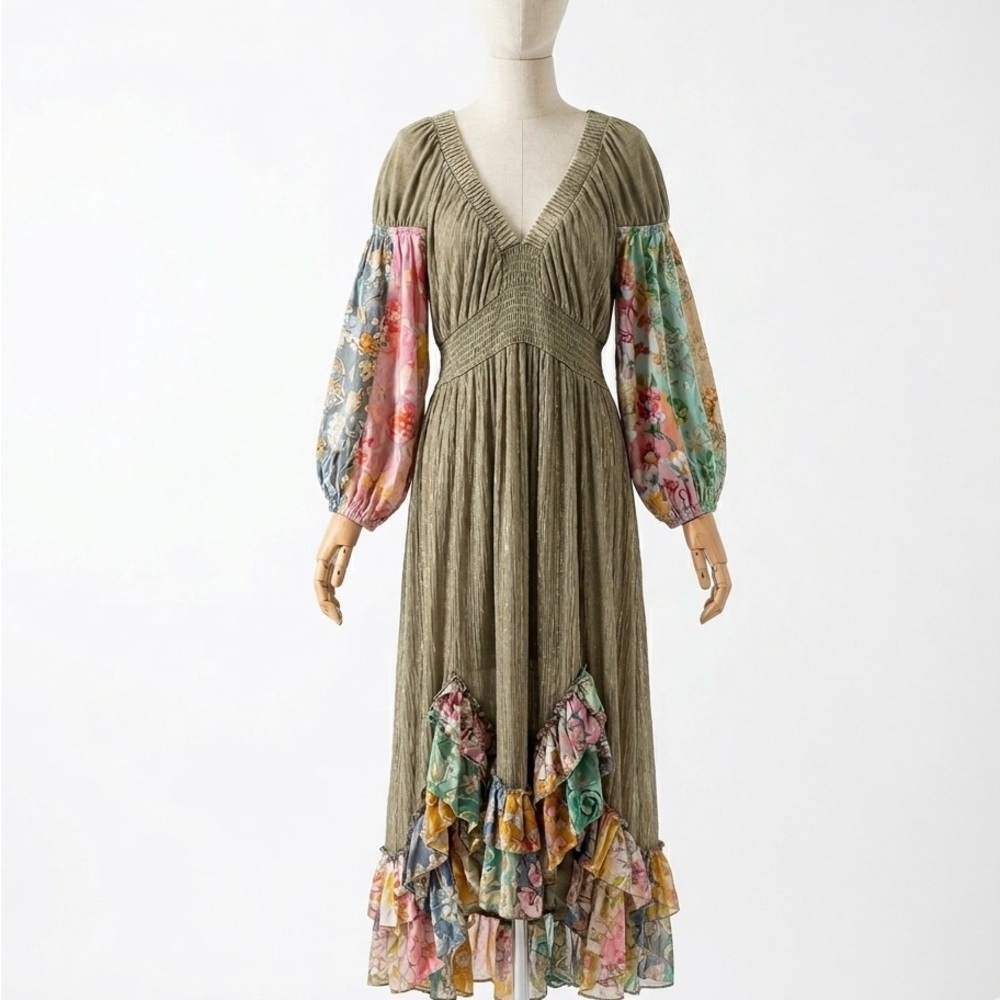 Young Threads Boho Patchwork Maxi Dress Olive Gre… - image 1